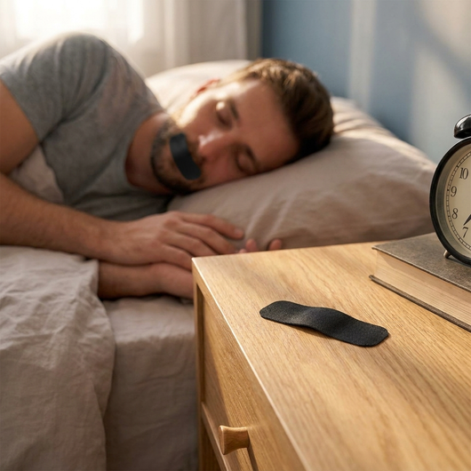 SleepSeal mouth tape on a bedside table in a calm bedroom