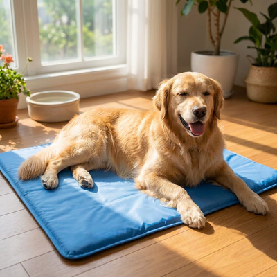 Dog relaxing on the ChillPad pet cooling mat in a living room