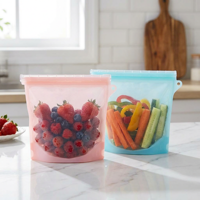 FreshLock silicone storage bags filled with fresh food on a kitchen counter