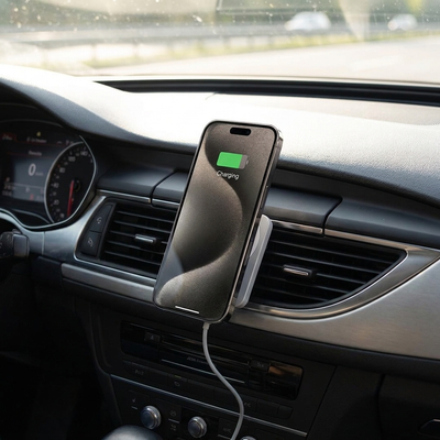 MagCharge wireless charging car phone mount on a car dashboard