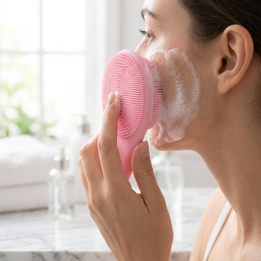 SoftTouch silicone face brush in use during a skincare routine