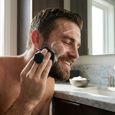DermaClean mens face brush in use during a morning grooming routine