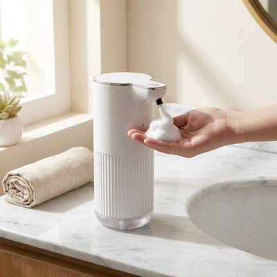 FoamTouch touchless soap dispenser dispensing foam in a modern bathroom
