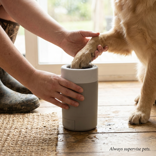 PawPure dog paw cleaner in use after a muddy walk